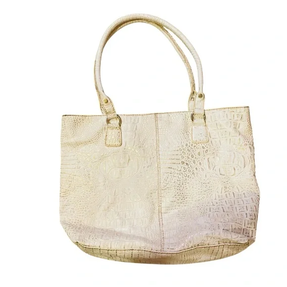 ⭐️ Marc Fisher East West Large Business Tote Shoulder Bag White Gold Moc Croc - Picture 2 of 7